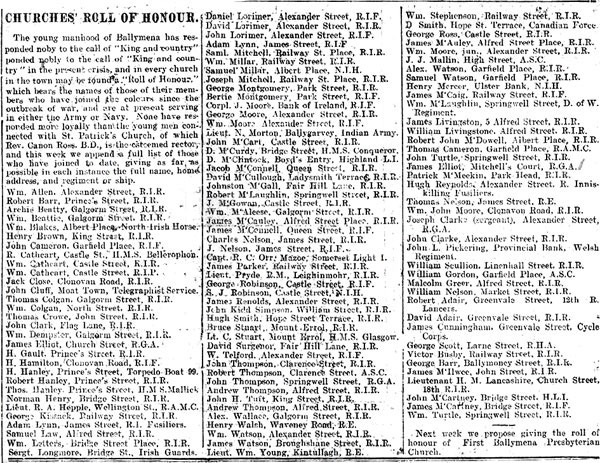 Great War Roll of Honour for St Patrick's, Ballymena (1915)