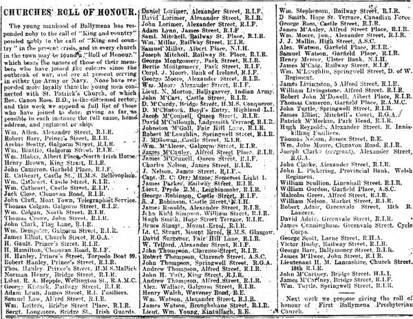 Great War Roll of Honour for St Patrick's, Ballymena (1915) Great War Roll of Honour for St Patrick's, Ballymena (1915)