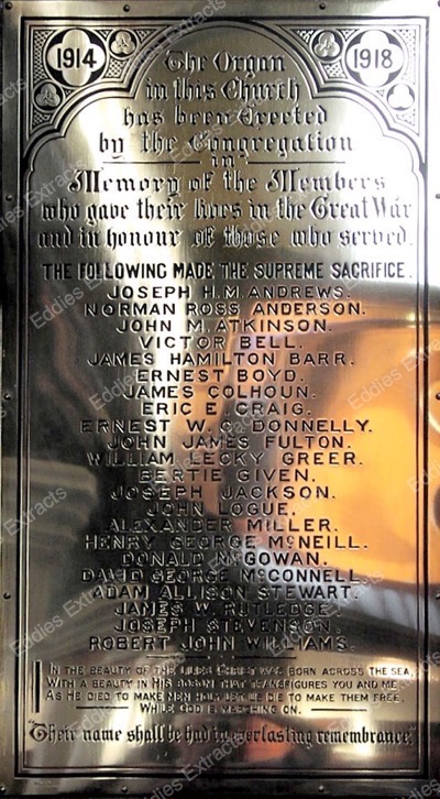 Carlisle Road Presbyterian Church, Londonderry, War Memorial Died